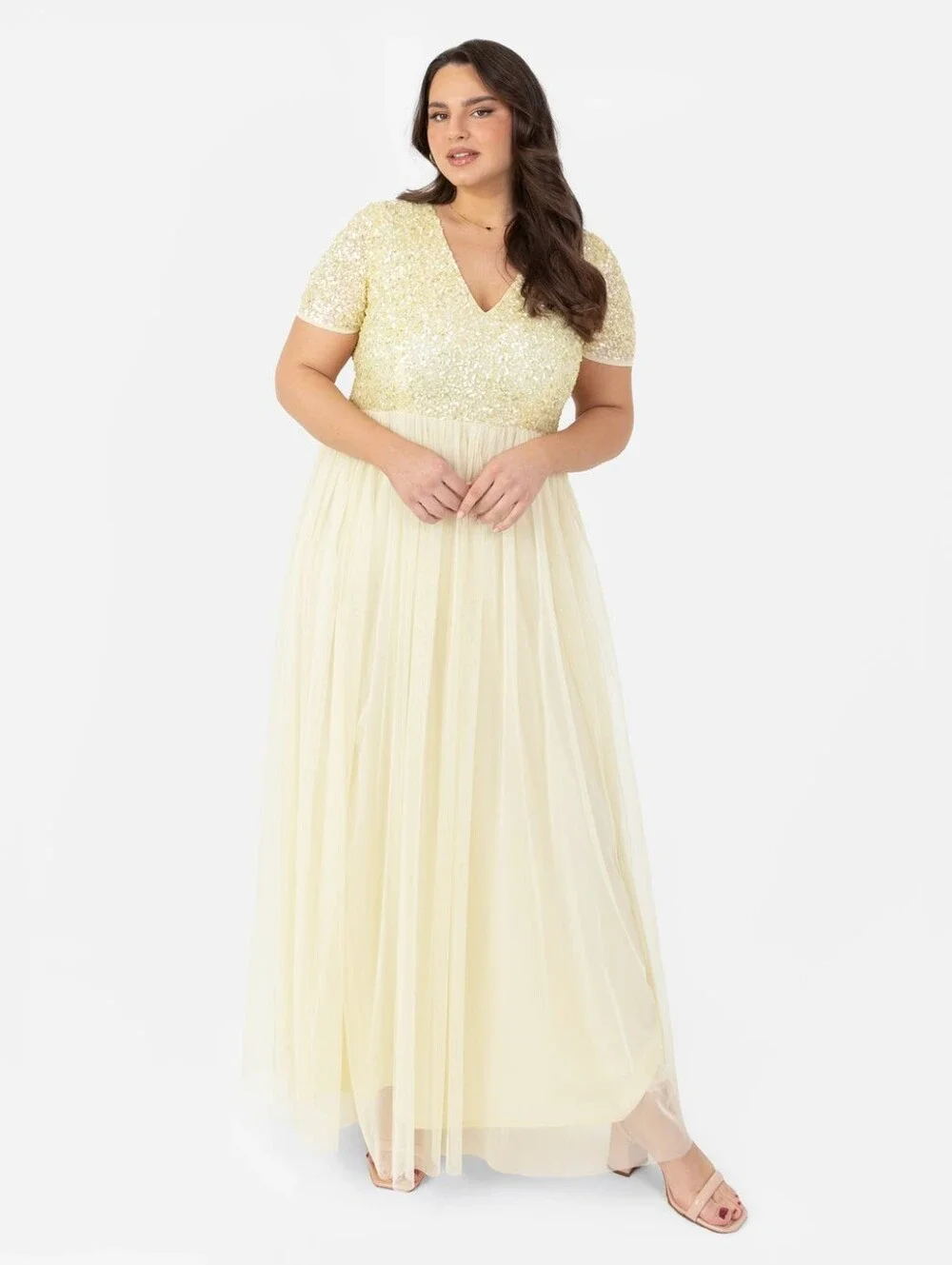 Maya Maternity Cap Sleeve Delicate Sequin Detail Tulle Maxi Dress in Lemon 10 - Picture 7 of 15